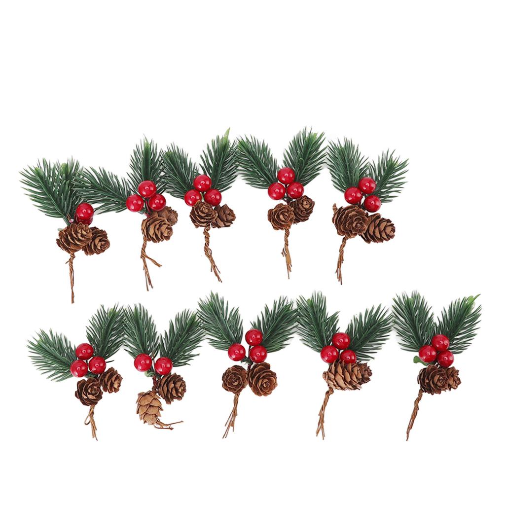 10Pcs Christmas Picks Pinecone Red Berry Pin Needle Artificial Delicate Christmas Decorations