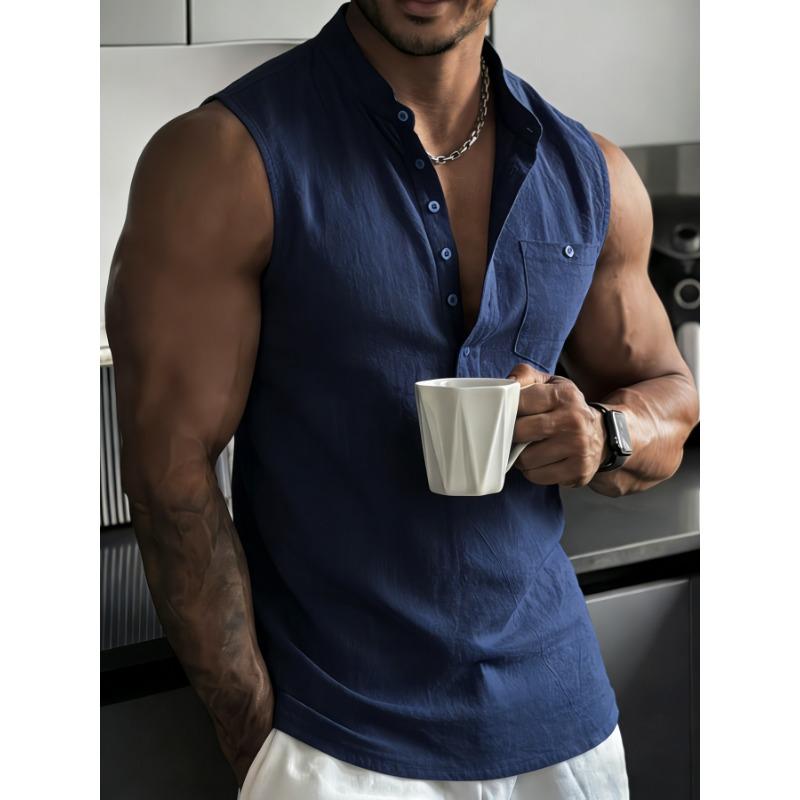 Mens Linen Sleeveless Henley Shirt Casual Summer Vest S