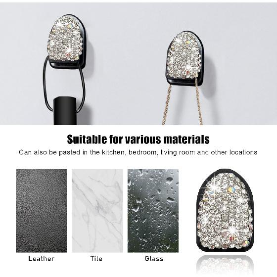 4PCS Bling Car Mini Hooks, Multifunctional Adhesive Small Auto Storage Hook for Key Cable Mask, Crystal Rhinestone Dashboard Hanging Hook, Interior