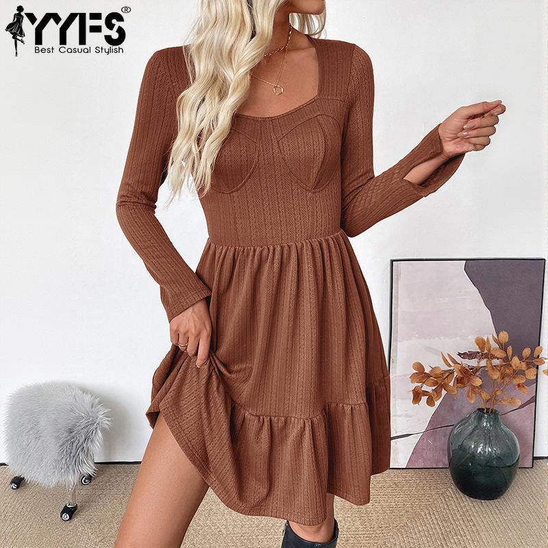 YYFS Women's Fashion Spring Fall Solid Color Print Long Sleeve Square Collar High Waist Casual Dresses