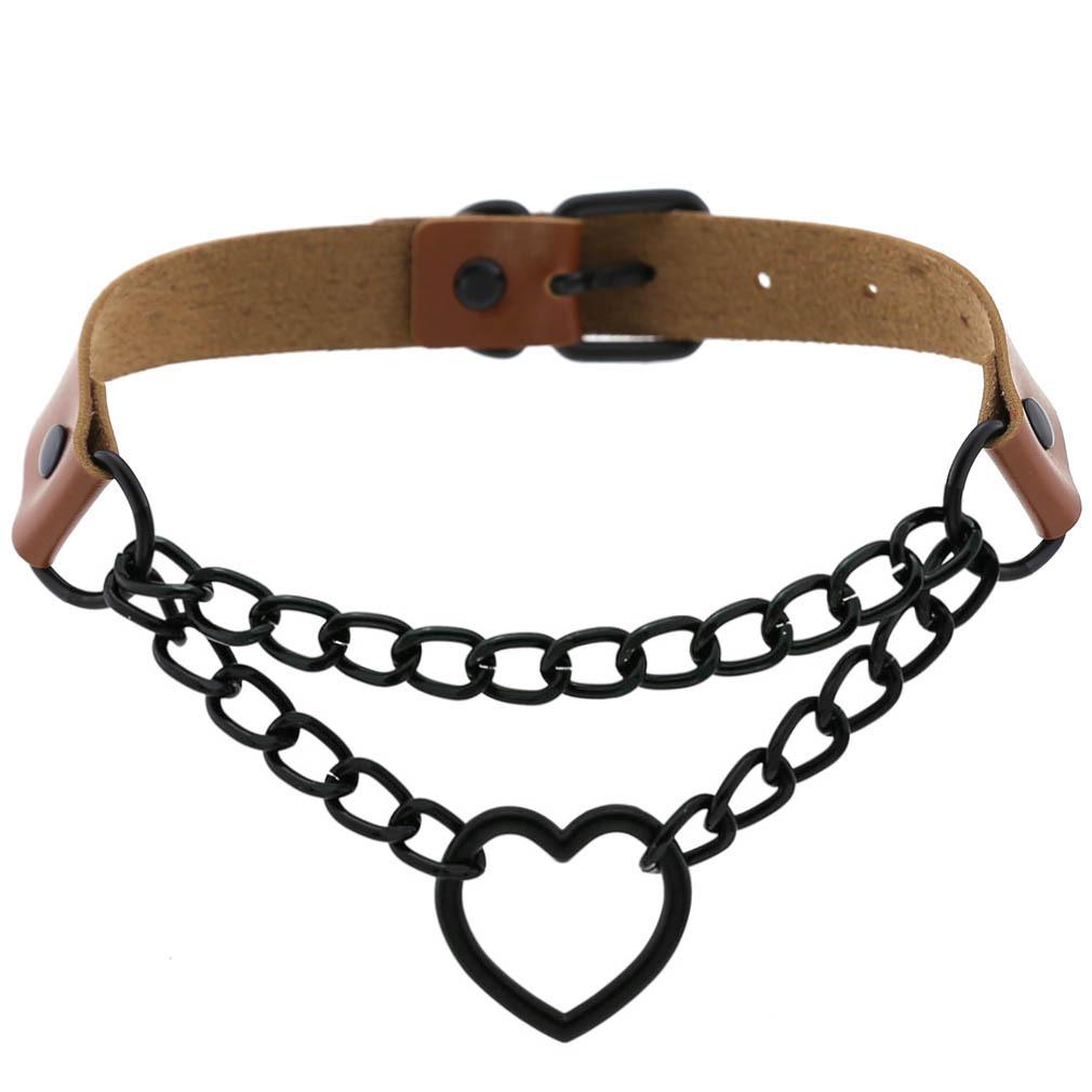 DIEZI Sexy Lignt Brown PU Leather Necklace Women Men New Harajuku Gothic Vintage Heart Chain Choker Statement Necklace Jewelry