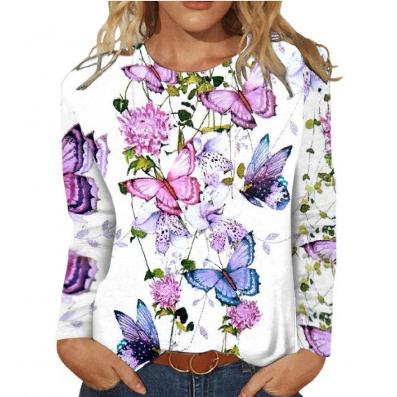 New Women's Round Neck Long Sleeve Loose Printed T-Shirt Ladies Top