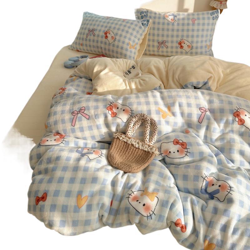 Cartoon Cute Double-Sided Fleece Thickened Milk Fleece Four-Piece Set, Student Dormitory Three-Piece Set, Bedding