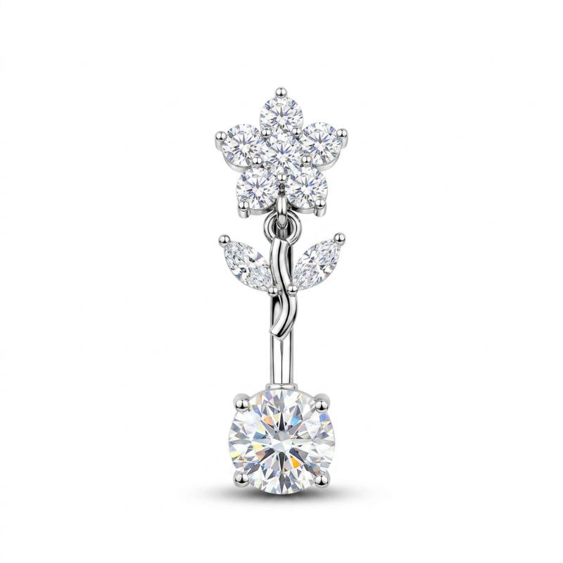 Hypoallergenic Navel Ring Shiny Cubic Zirconia Flower Design Durable Stainless Steel Belly Button Piercing for Women Gifts