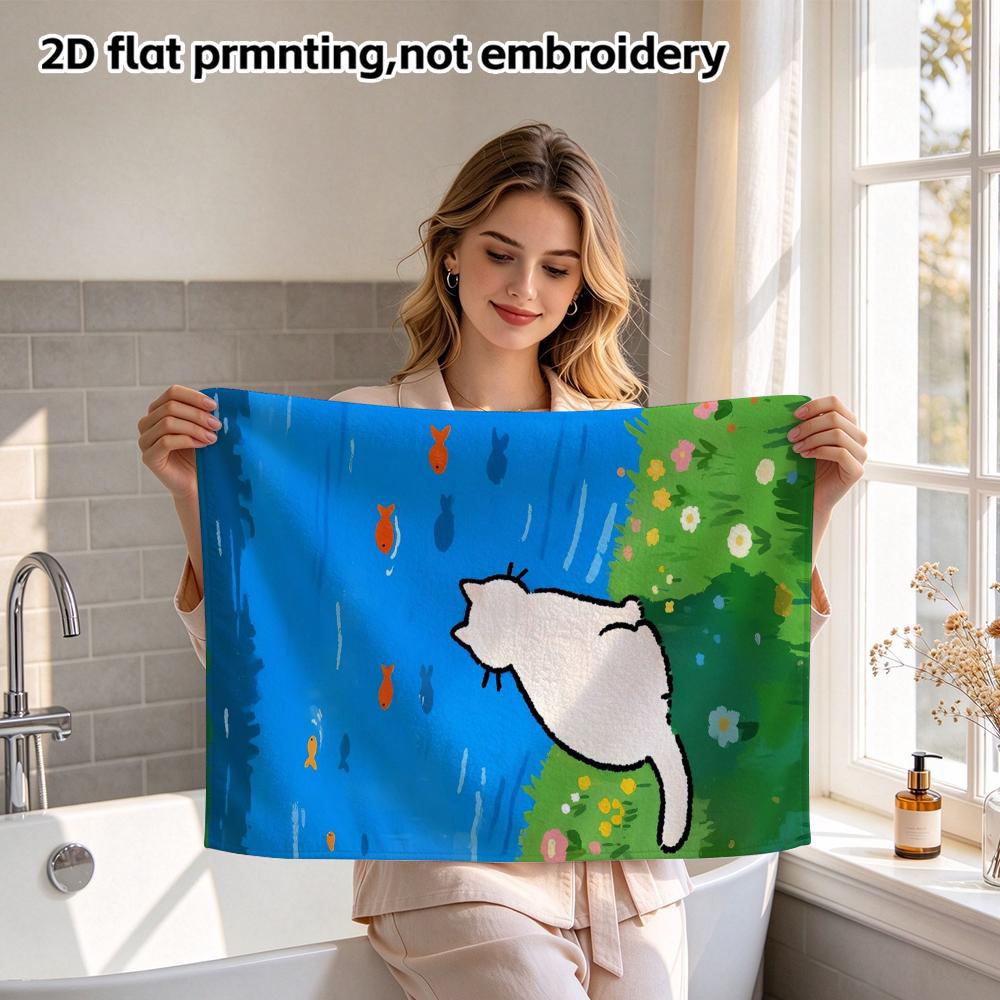 White Cat Watching Fish Print Hand Towel, Soft Absorbent Face Towel