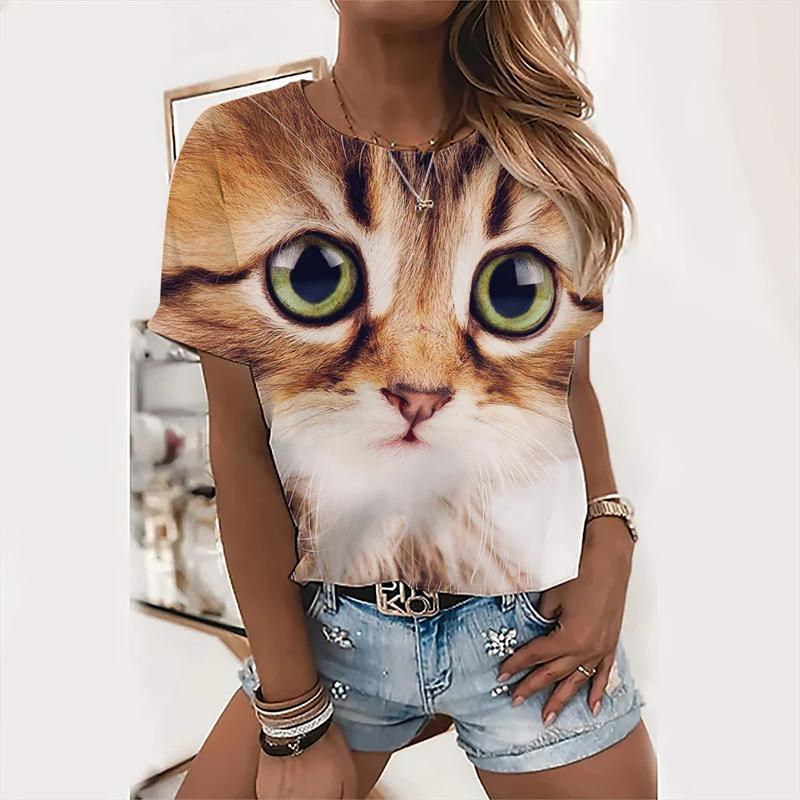 Fashion Women T Shirts 3D Kawaii Cat Print Tops Summer Famale T-shirt Harajuku Tees O-Neck 2024 Short Sleeves Oversized Clothing