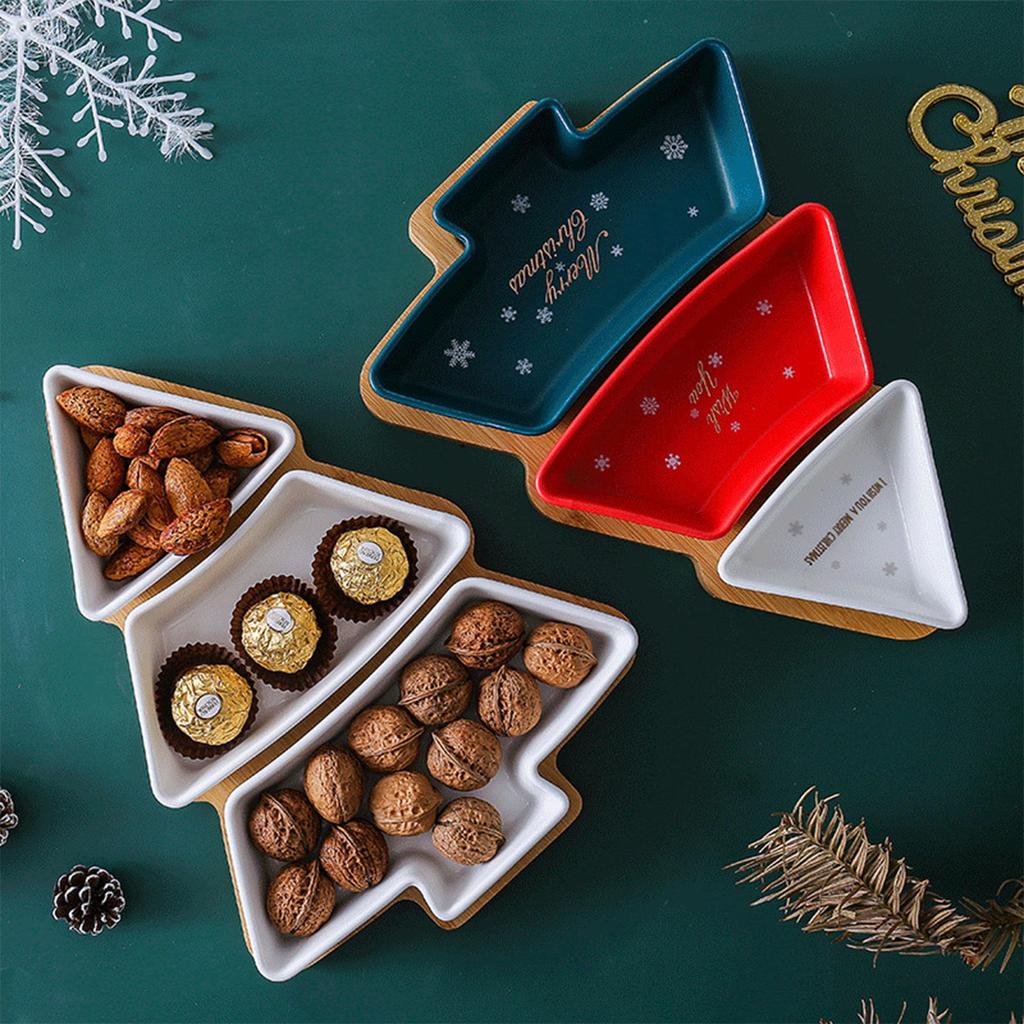 Christmas Tree Tray, Snack Serving Tray, Holiday Serving Dish, Ceramic Snack Bowls, Bamboo Serving Tray