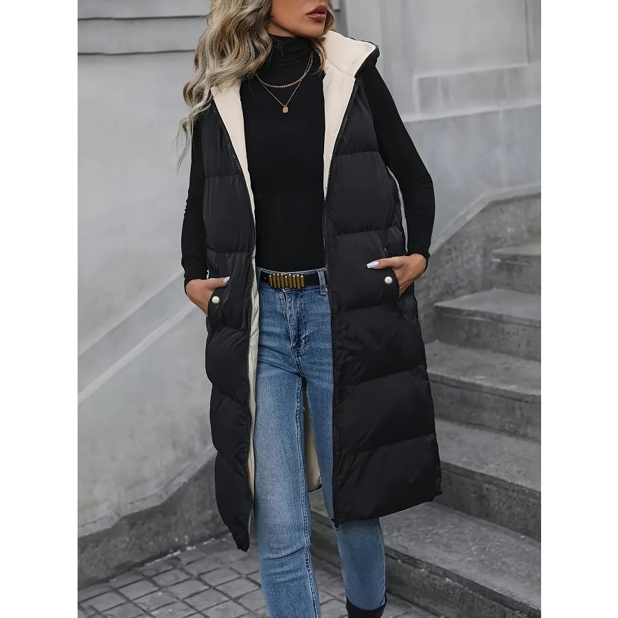 

Толстовка з капюшоном на блискавці, повсякденна безрукавка з косими кишенями, тепла міді-жилетка на осінь і зиму, жіночий одяг XXL чорний