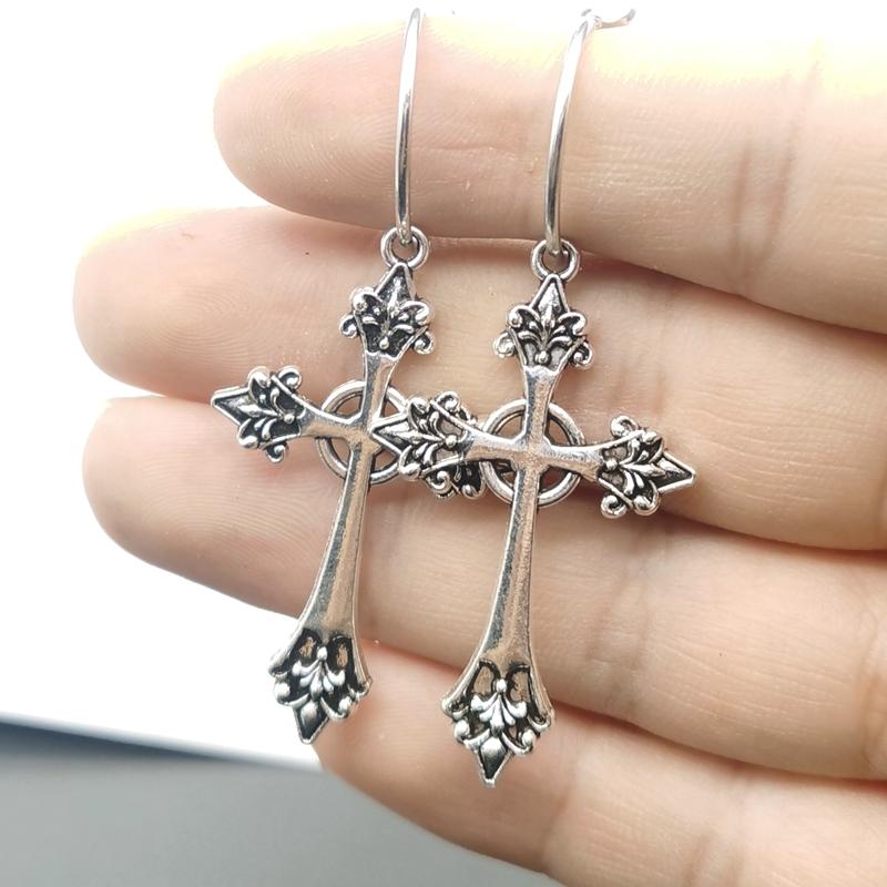 2026New Cross Gothic Earrings Large silver colour Statement Trad Goth Jewelry fashion delicacy women gift girlfriend