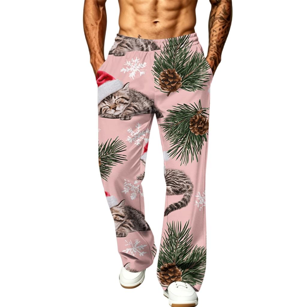 Men's Fashion Casual Loose Fit Wide Leg Christmas Print Sports Pants with Pockets