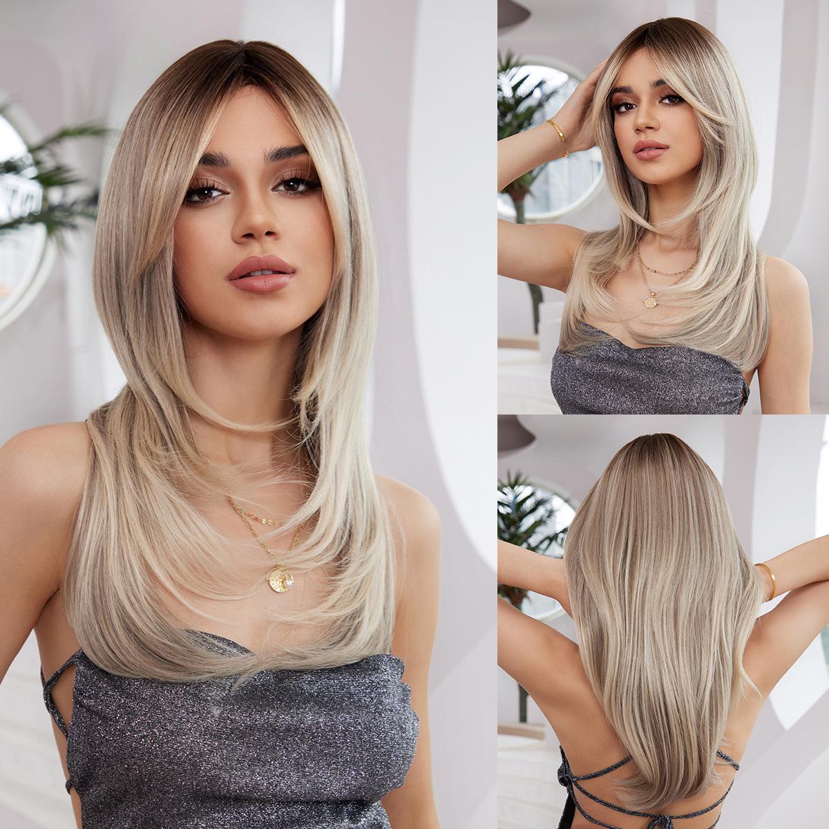 

Розовый градиентный темно-коричневый панк-парик для косплея с челкой - полностью покрытый головой, длинные и прямые волосы