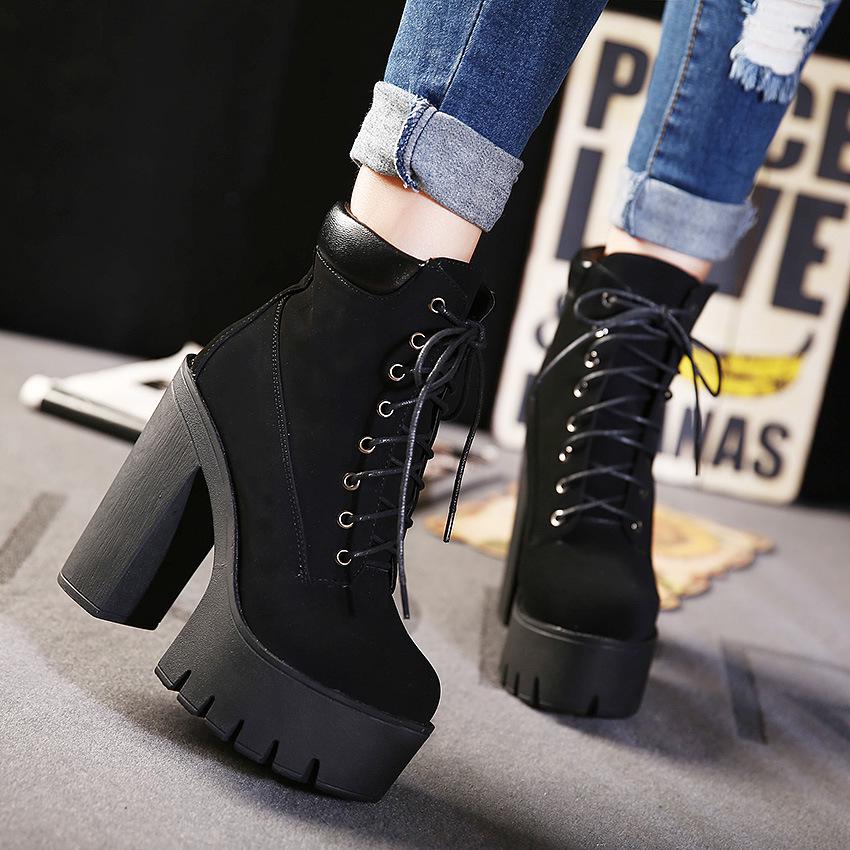 Neueste 2022 Plateau-Stiefeletten Damen Herbst Schnürung Dicke Hohe Absätze Damen Mode Schuhe Damen Freizeit Schuhwerk 358