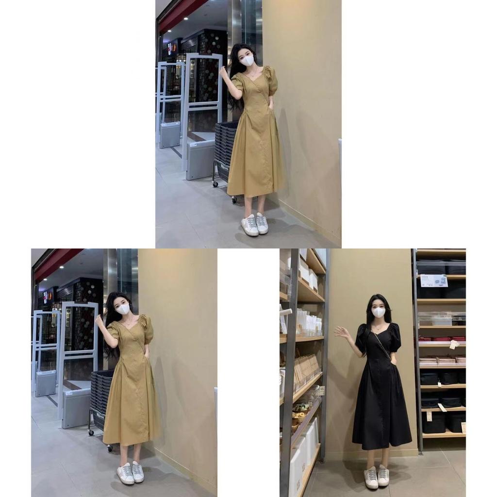 French Style Vneck Puff Sleeve Maxi Dress For Women Summer Casual Slim Fit