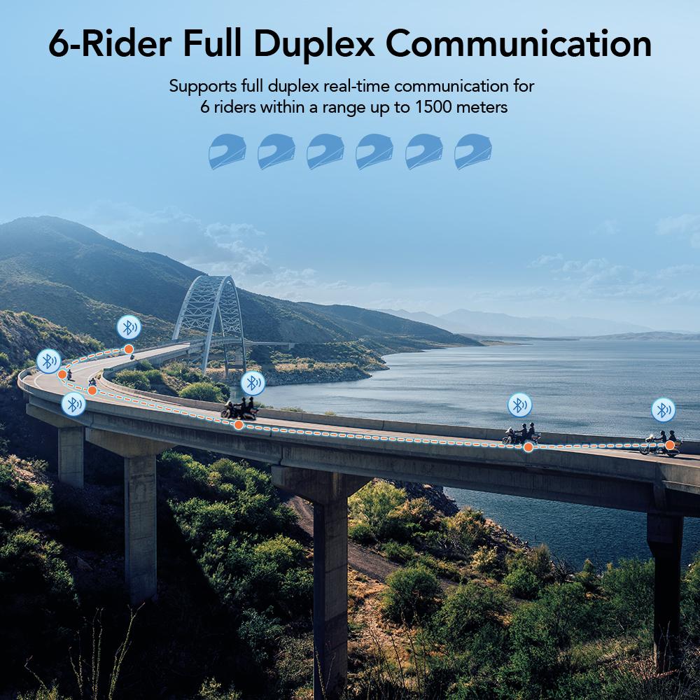 Motociklo šalmo „Bluetooth 5.1“ domofonas su 2K HD kamera, FM radiju, 10 W, USB C, greitas įkrovimas, 6 motociklininkams, 1500 m