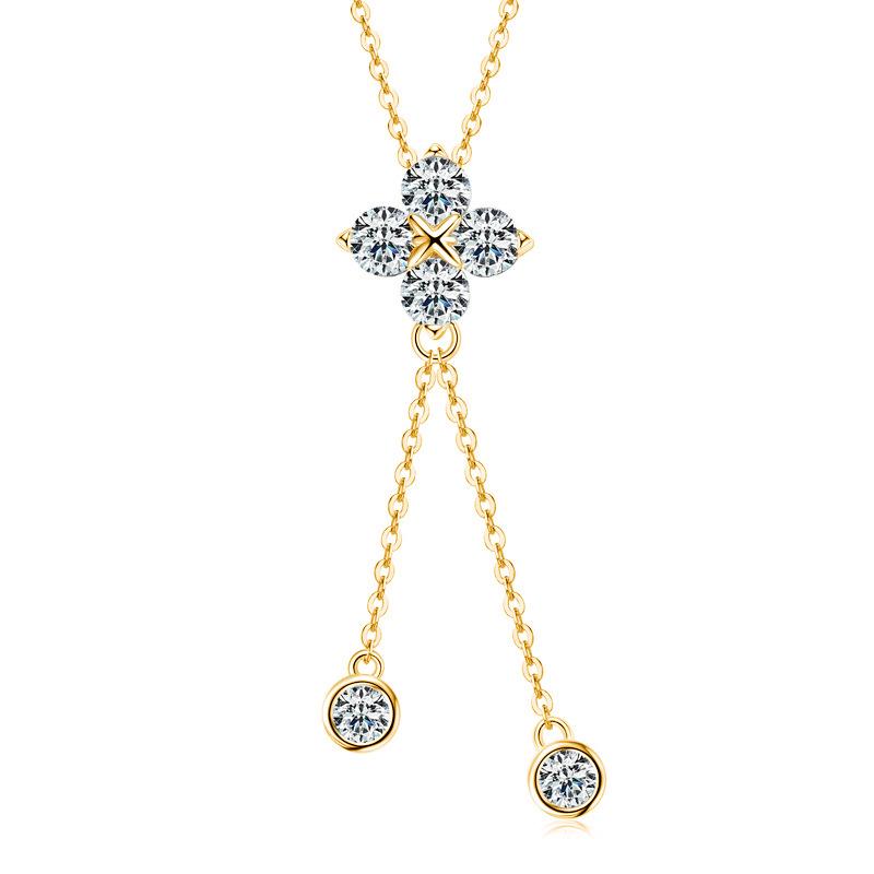 European-American Style Sterling Silver Moissanite Pendant Necklace with Four-Leaf Clover Tassel 455cm