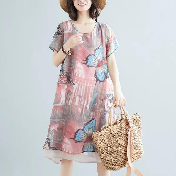 Damenbekleidung Chiffonkleid Große Größe Locker Rundhals Kurzarm Druck Mittellang
