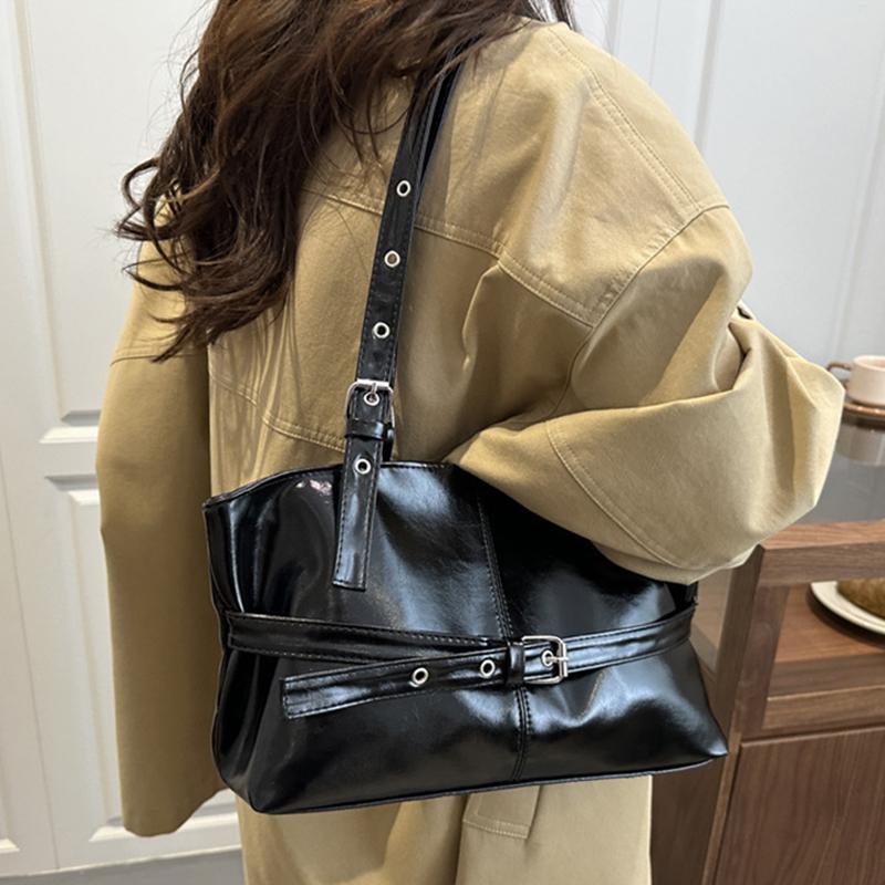 Yogodlns Belt Design Women's PU Leather Shoulder Bags Motorcycle Style Hot Girls Underarm Bag Large Capacity Female Casual Tote Handbags