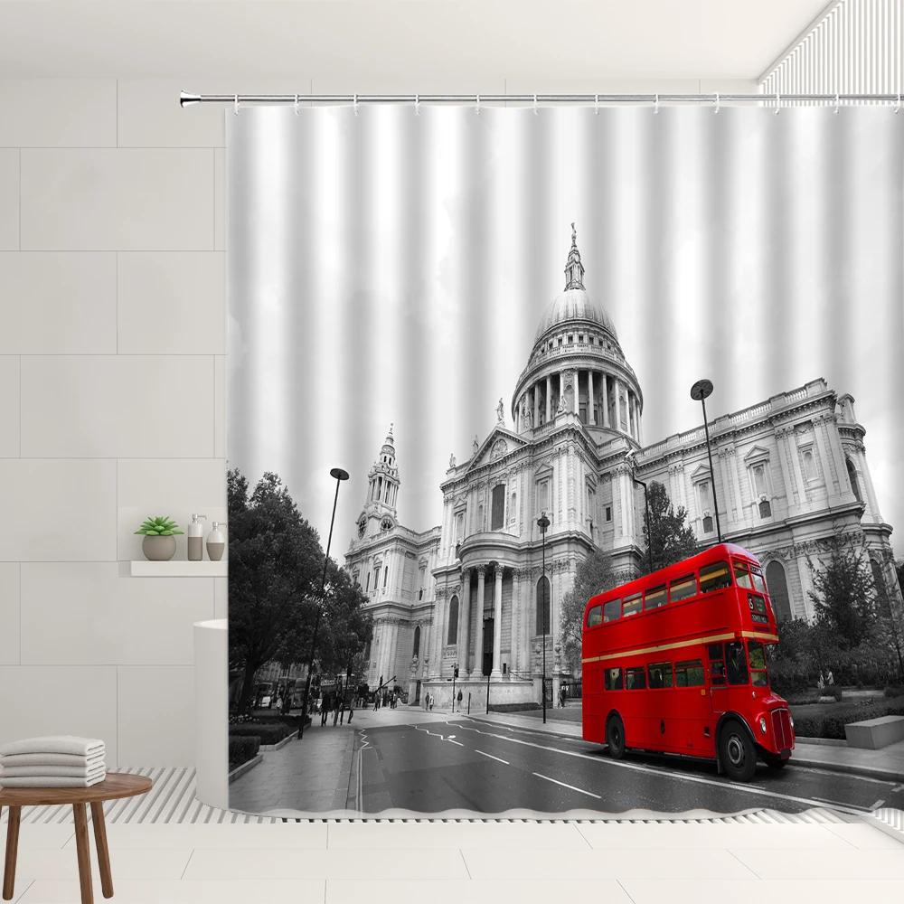 London Big Ben Rote Telefonzelle Retro Badezimmer Duschvorhang Wasserdicht Polyesterstoff Heimdekoration Kunst Badezimmer Vorhänge
