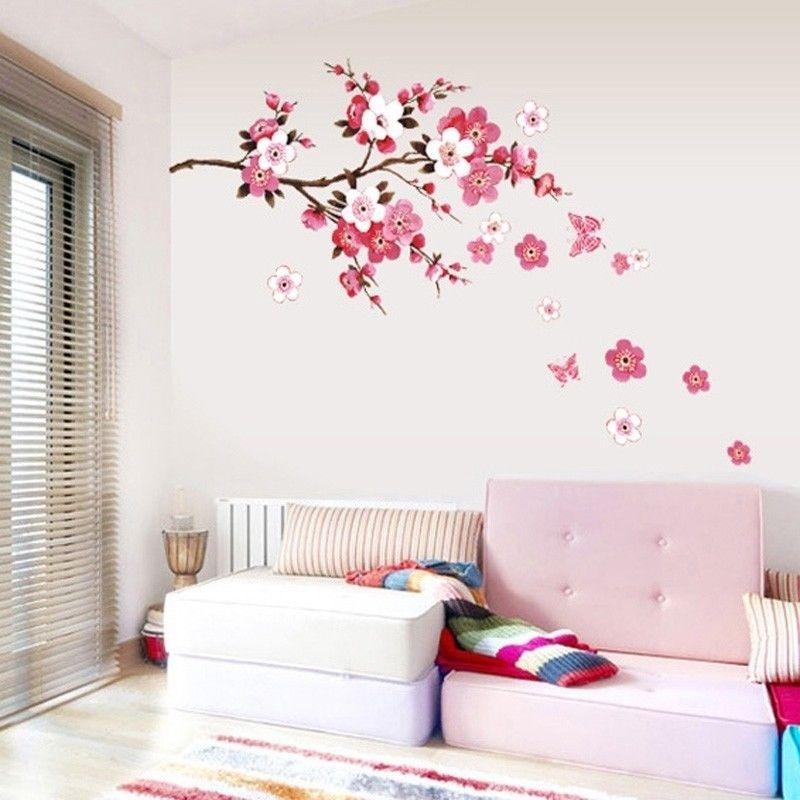Wall Paper 3D Pink Cherry Blossom Wall Sticker Art Home Decor Graphic Flowers Petals Tree Stickers
