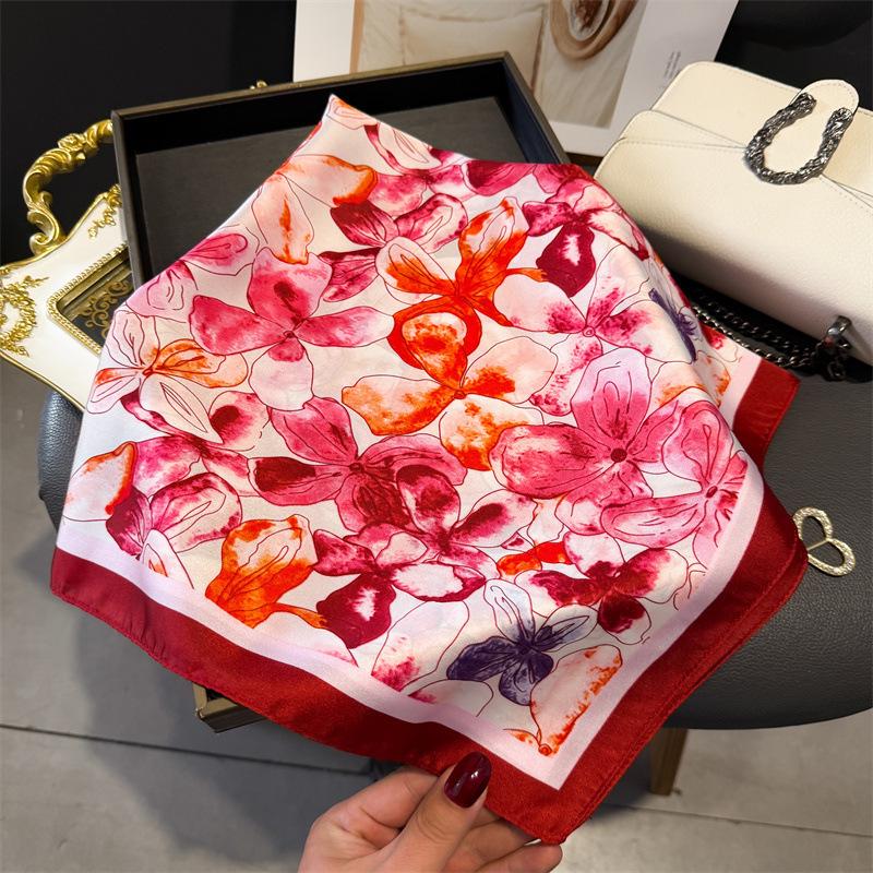 Women's Korean Style Retro Printed Imitation Silk Scarf for Professional and Casual Use