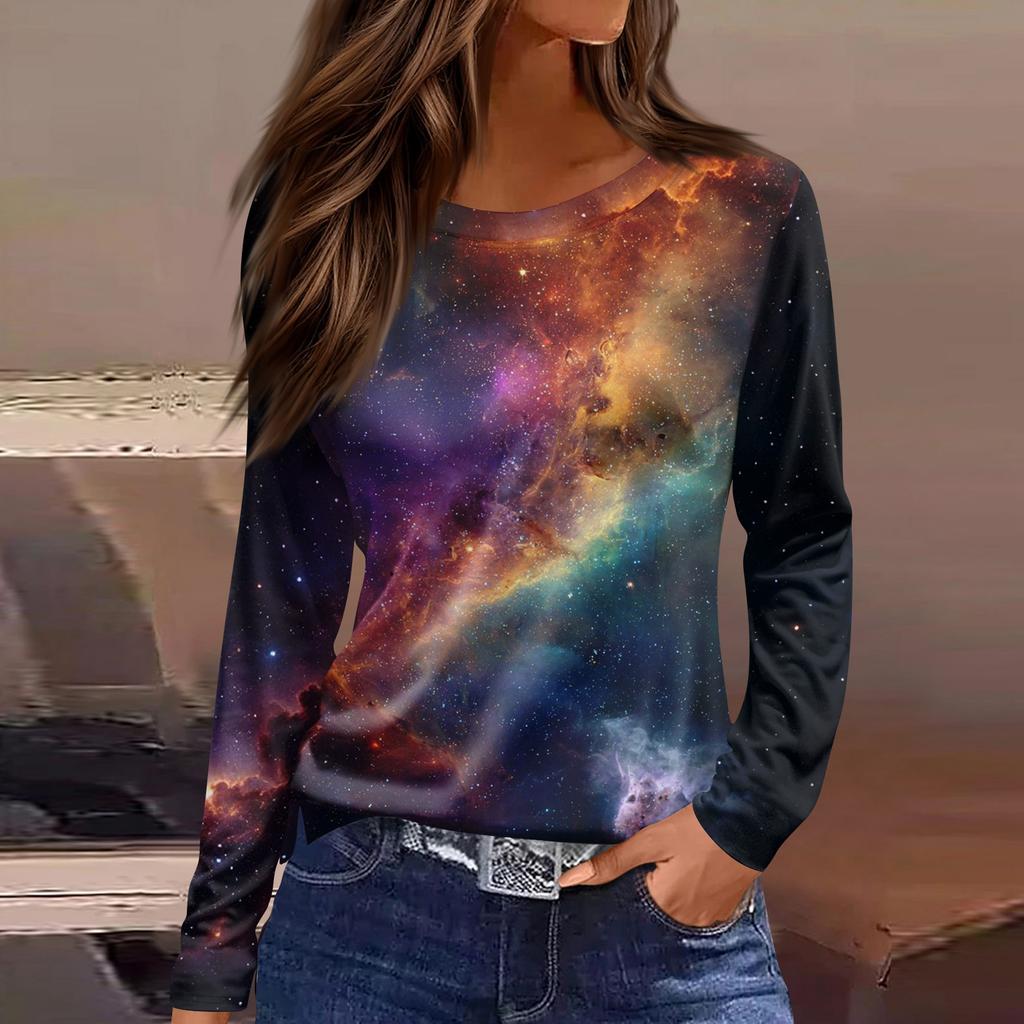 Women's Fashion Casual Slit Hem Round Neck Long Sleeve Loose Printed T,Shirt Ladies Top