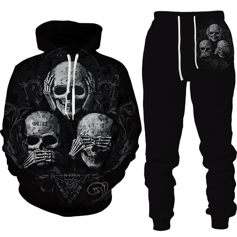 Skull 3D Printed Hoodies Trousers Set Spring Autumn Men Tracksuits Casual Sweashirt Pullover 2 Piece Suit Vintage Men Outfits