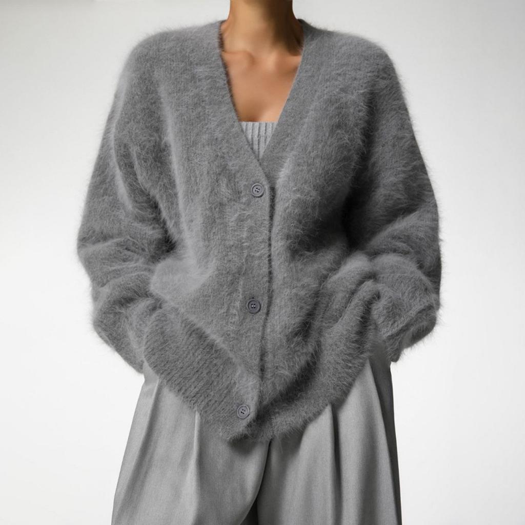 Women's 2025 Autumn Winter Faux Mink Knit Cardigan V Neck Long Sleeve Loose Casual Sweater Coat
