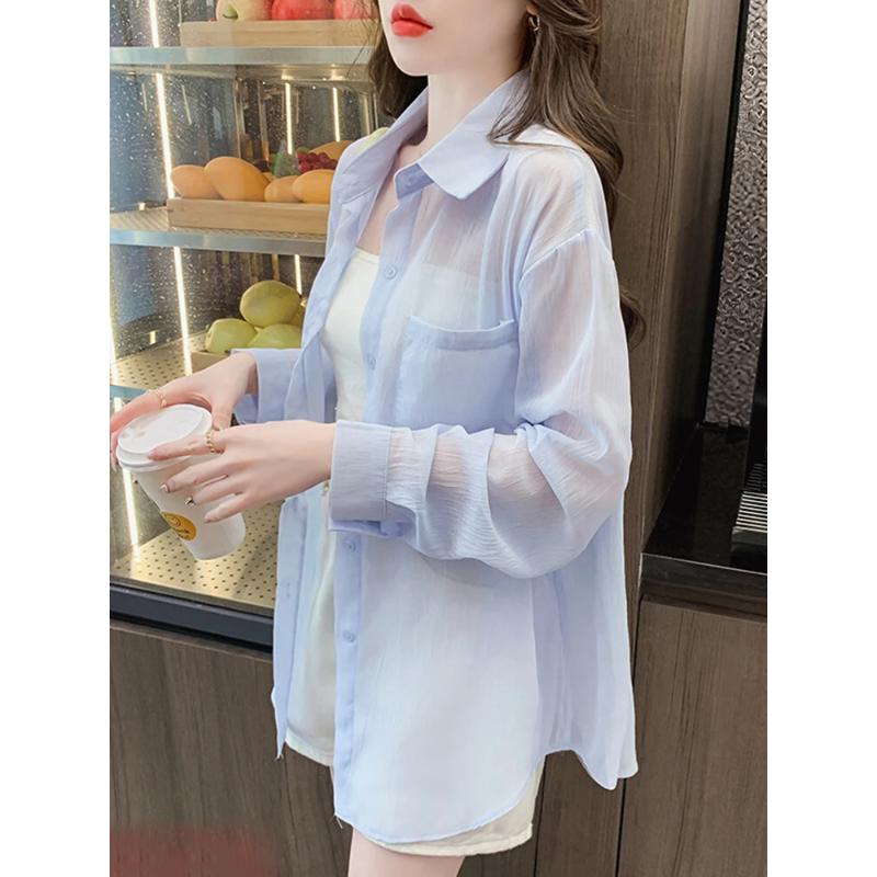 Womens Solid Color Sheer Long Sleeve Button Down Sun Protection Shirt