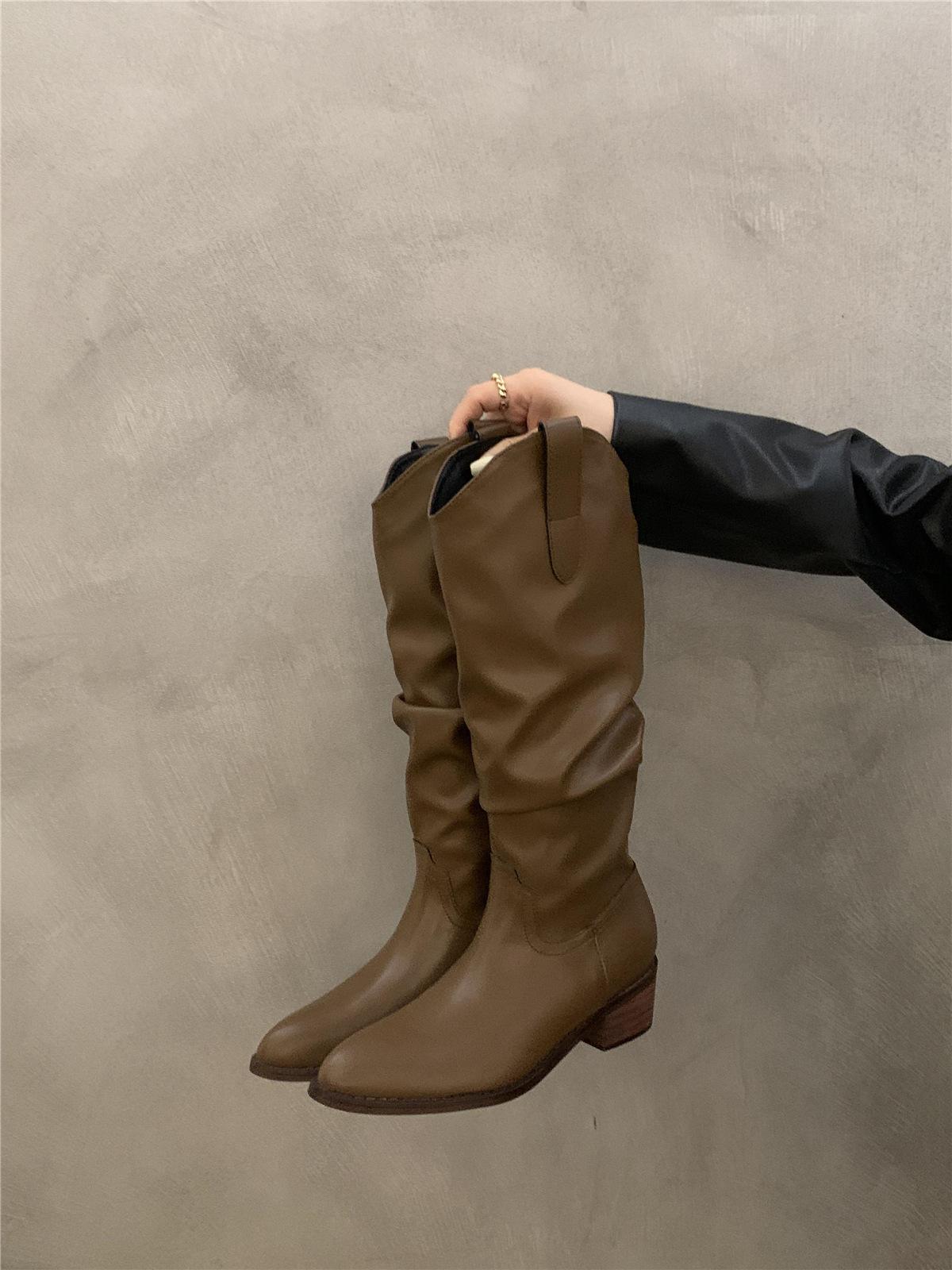 

Винтажные коричневые высокие сапоги с V-образным вырезом, женская обувь 2025 года, весна-осень-зима, остроносые ковбойские сапоги в стиле вестерн 40