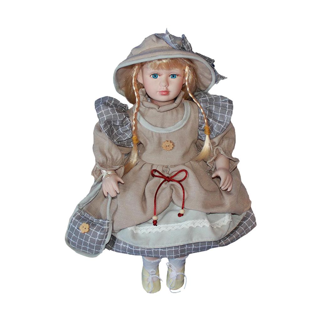 Ceramic Doll with Hat and Hair Glazed Makeup Face Elegant 17.72inch Collectibles Dress Up Porcelain Doll for Girls Birthday Gift