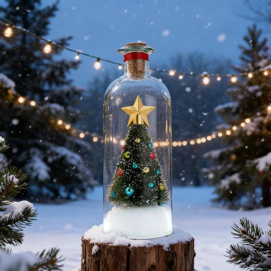 Christmas Tree Message In A Bottle Recordable Voice Message Bottle Ornament with Playback Cork Greeting Glass Bottle with Snowy Scene Xmas Keepsake