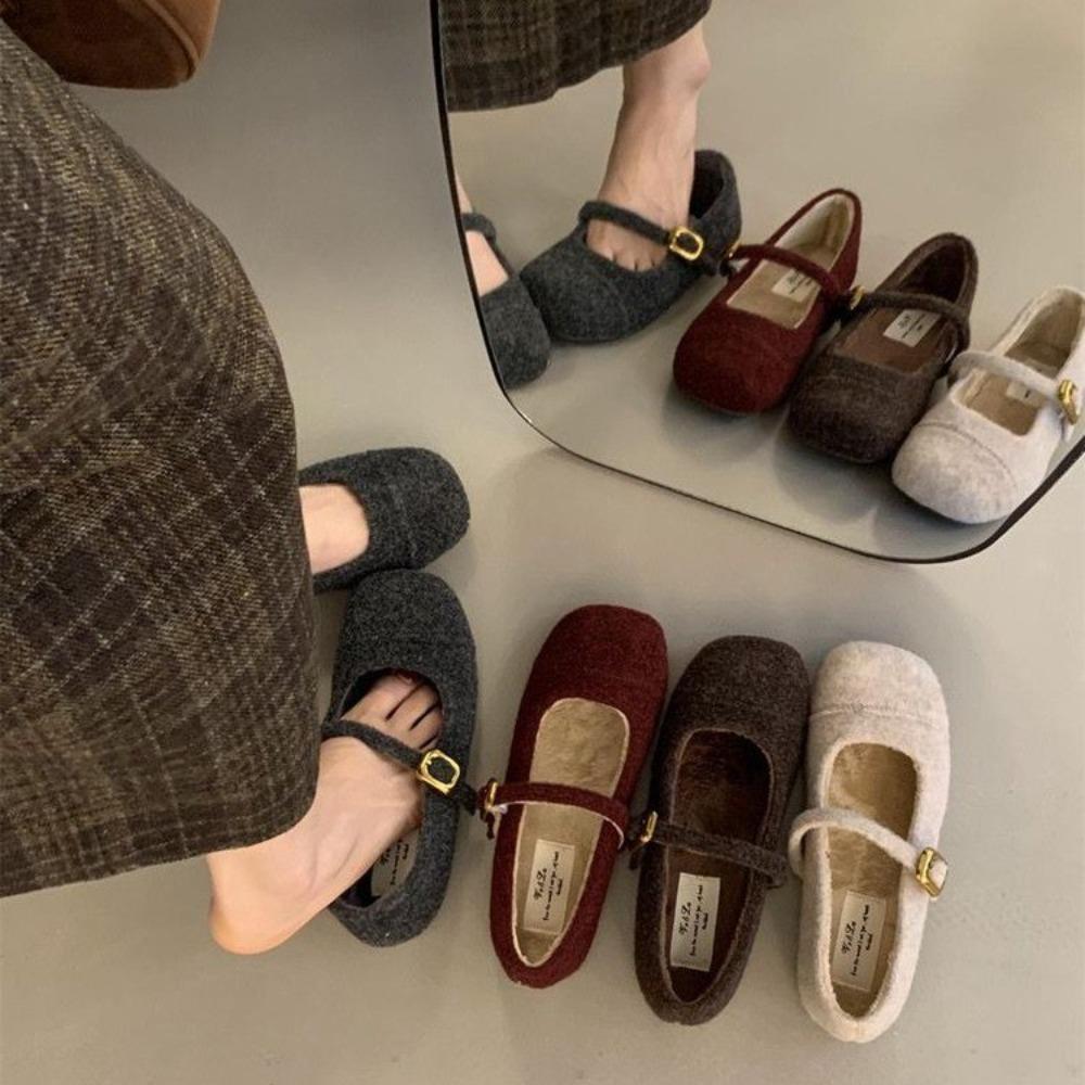 Kwadratowe noski Przytulne baleriny z wełny jagnięcej Damskie ciepłe futrzane buty typu Mary Jane Damskie markowe eleganckie puszyste pluszowe mokasyny