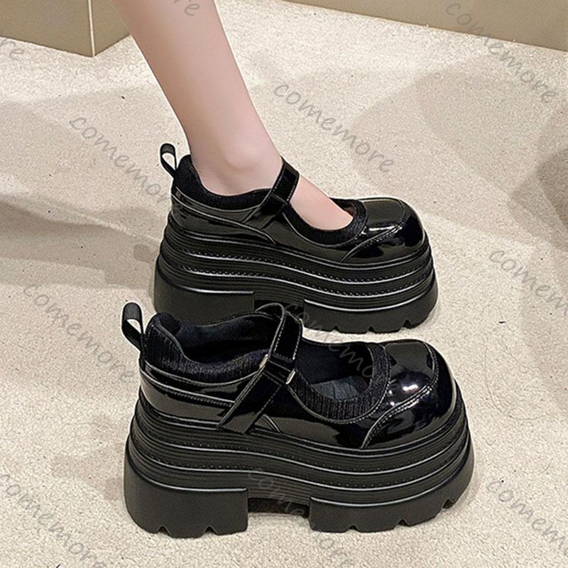 Fashion Comemore Spring New Black Retro Mary Jane Women's Shoes Thick Bottom Round Toe Pumps Single Shoes 10cm Chunky High Heels Loafers