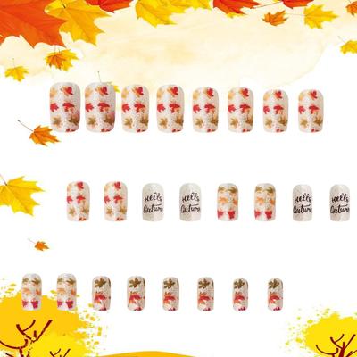 Maple Leaves Fall Thanksgiving False Nails - Short Square Acrylic Full Cover Coffin Glue On Nails for Women, Festival & Autumn Maple Leaves Letter