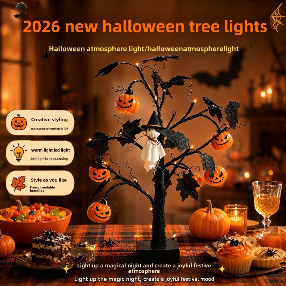 1Pcs 60cm Halloween LED Table Tree Light Black Spooky Tree Lamp Pumpkin Eyeball Ornament for Indoor Party Bedroom Tabletop Decor