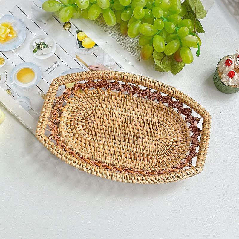 Vietnam Rattan Woven Snack Basket Bread Storage Tray Rustic Home Decor