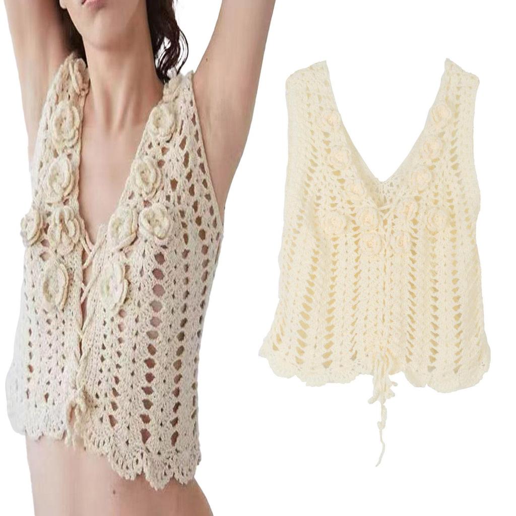 Three-Dimensional Handmade Crochet V-Neck Camisole: Sweet & Spicy Hollow-Out Knitted Top for Women - Spring/Summer Fashion Vest.