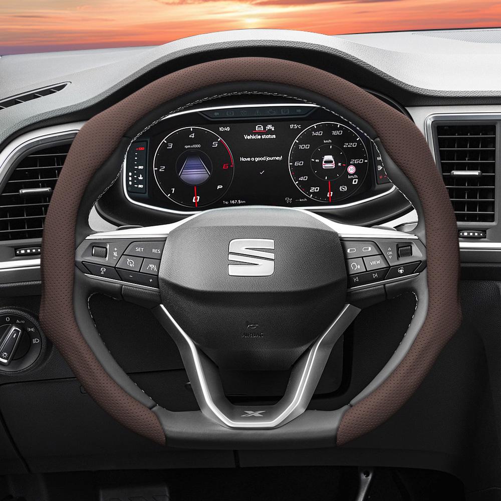 Suitable for Seat Perforated Leather Steering Wheel Cover, Non-Slip, Sweat-Absorbent, Breathable, Integrated Snap-On Protective Cover for Ibiza, Arona