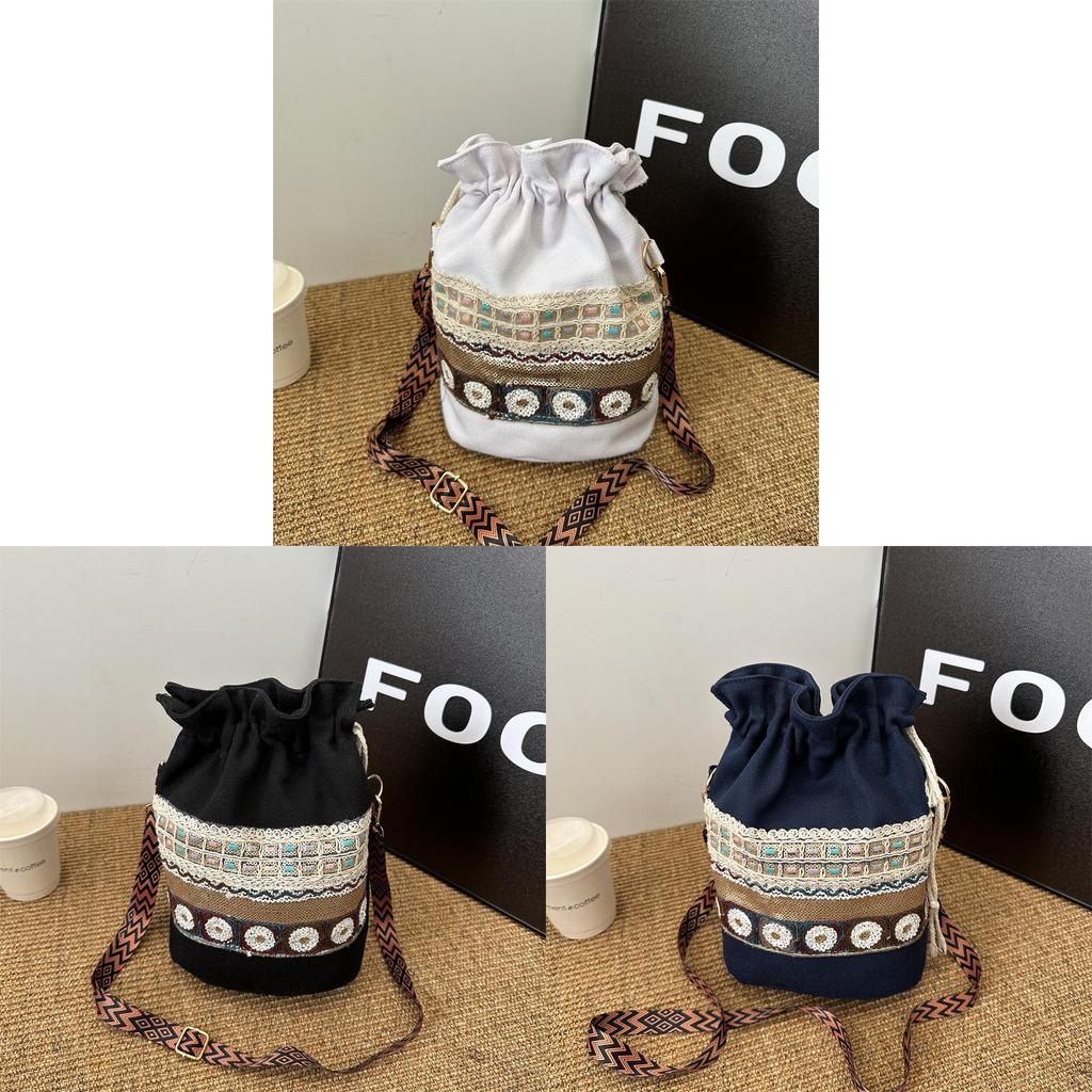 Women's 2024 New Vintage Casual Ethnic Style Bucket Bag Street Fashion Contrast Color Shoulder Bag