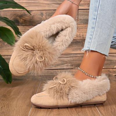 Damen Plüsch-Slipper mit Schleife - Winter Indoor/Outdoor Hausschuhe, Weich Gepolsterte TPR-Sohle & Plüsch, Weiß/Beige/Braun/Dunkelgrau/Dunkelblau