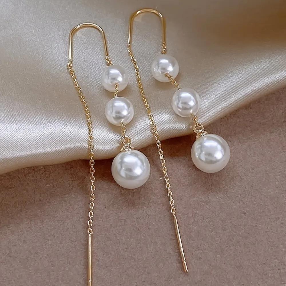 Elegant Faux Pearl Threader Earrings, Gold-Tone Alloy Linear Drop Dangle Earrings for Women, Ideal for Daily Wear & Parties белый