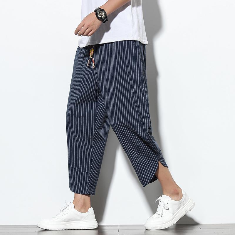 Summer Casual Men's Pants Harajuku Striped Baggy Pants Cotton Linen Wide Leg Harem Trousers for Men