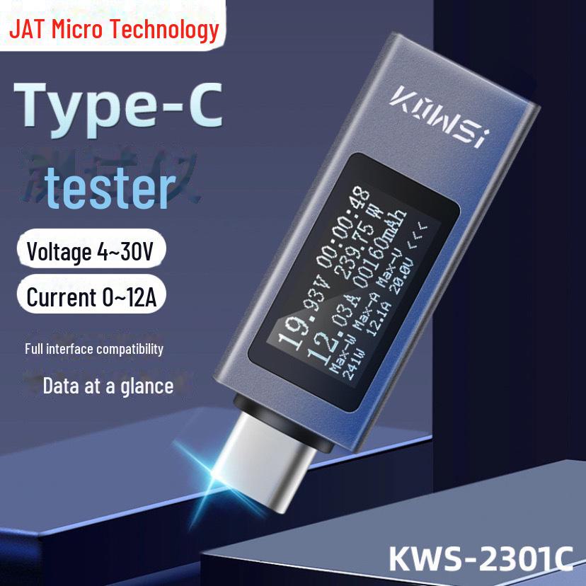 

Тестер зарядки мобільного телефону USB Type-C із підтримкою високого струму 12 А, протоколом PD, вольтметром постійного струму та вимірювачем потужності. KWS-2301C, 4-30V