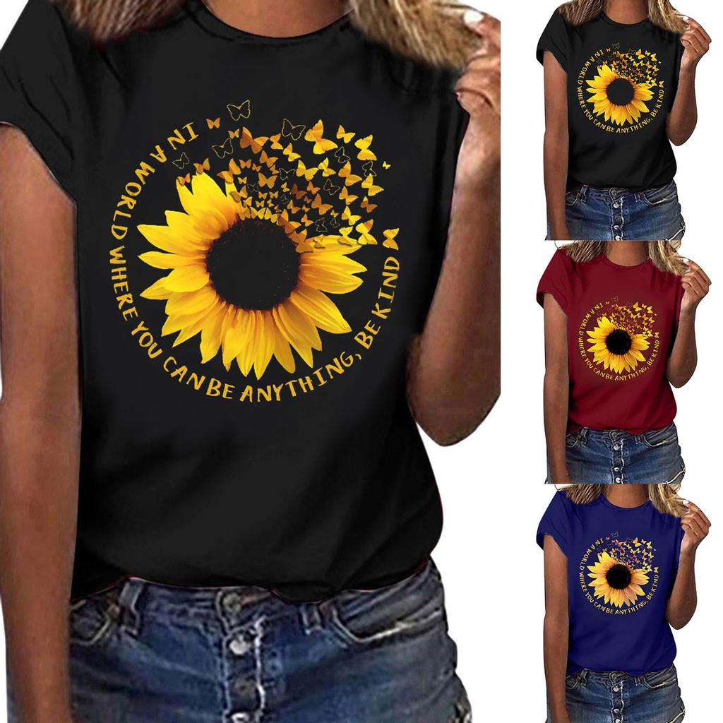 2021 Women's Fashion Concise Sunflower Print Round Neck Short Sleeve Tops