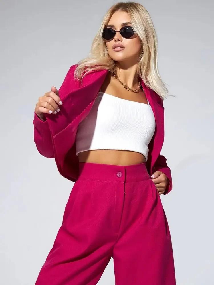 Women's Light Khaki Short Blazer and Wide-Leg Trousers Set