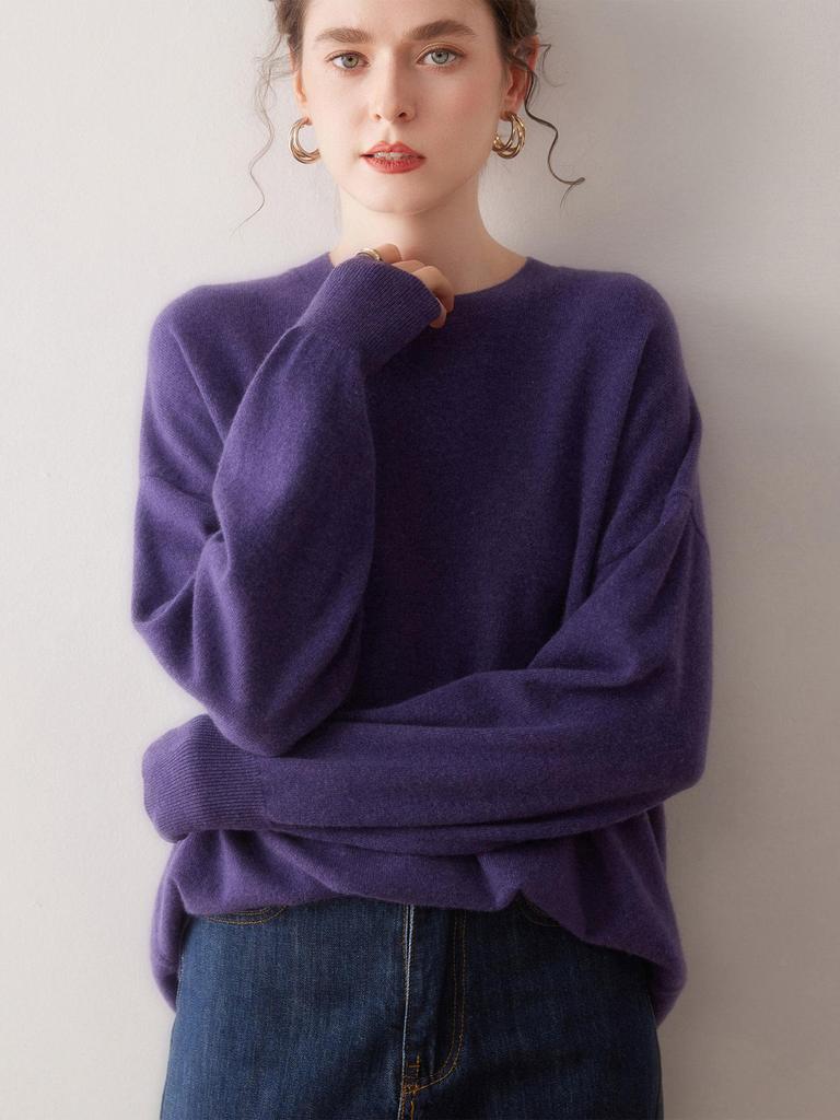 Women's 100% Cashmere Loose Fit Sweater - Round Neck, Drop Shoulder, Pullover Knitwear for Autumn/Winter