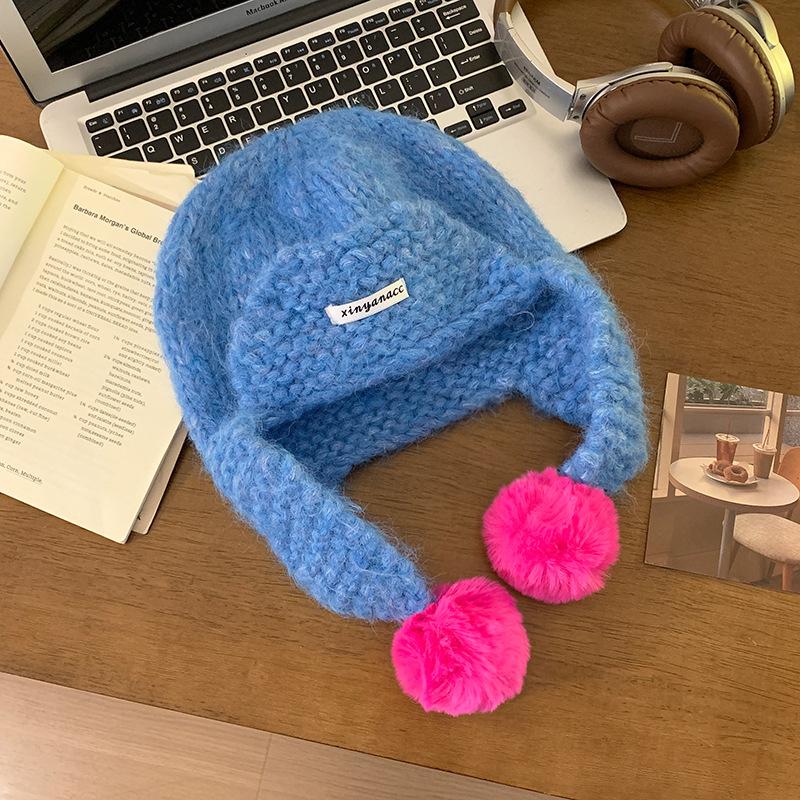 Cute green knitted hairball ear protection hat women's autumn and winter Korean flying hat wool hat warm Lei Feng hat tide