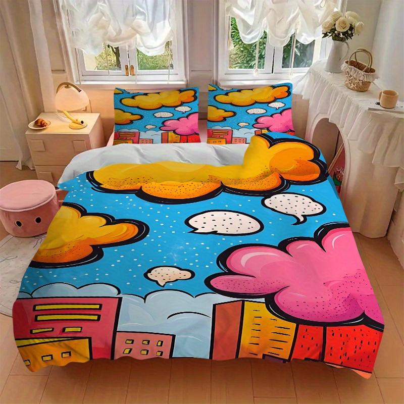 3Pcs Comic Book Clouds Printed Bedding Set, Breathable And Soft, Machine Washable, Christmas Gift, Suitable for Bedroom Decoration, 15200