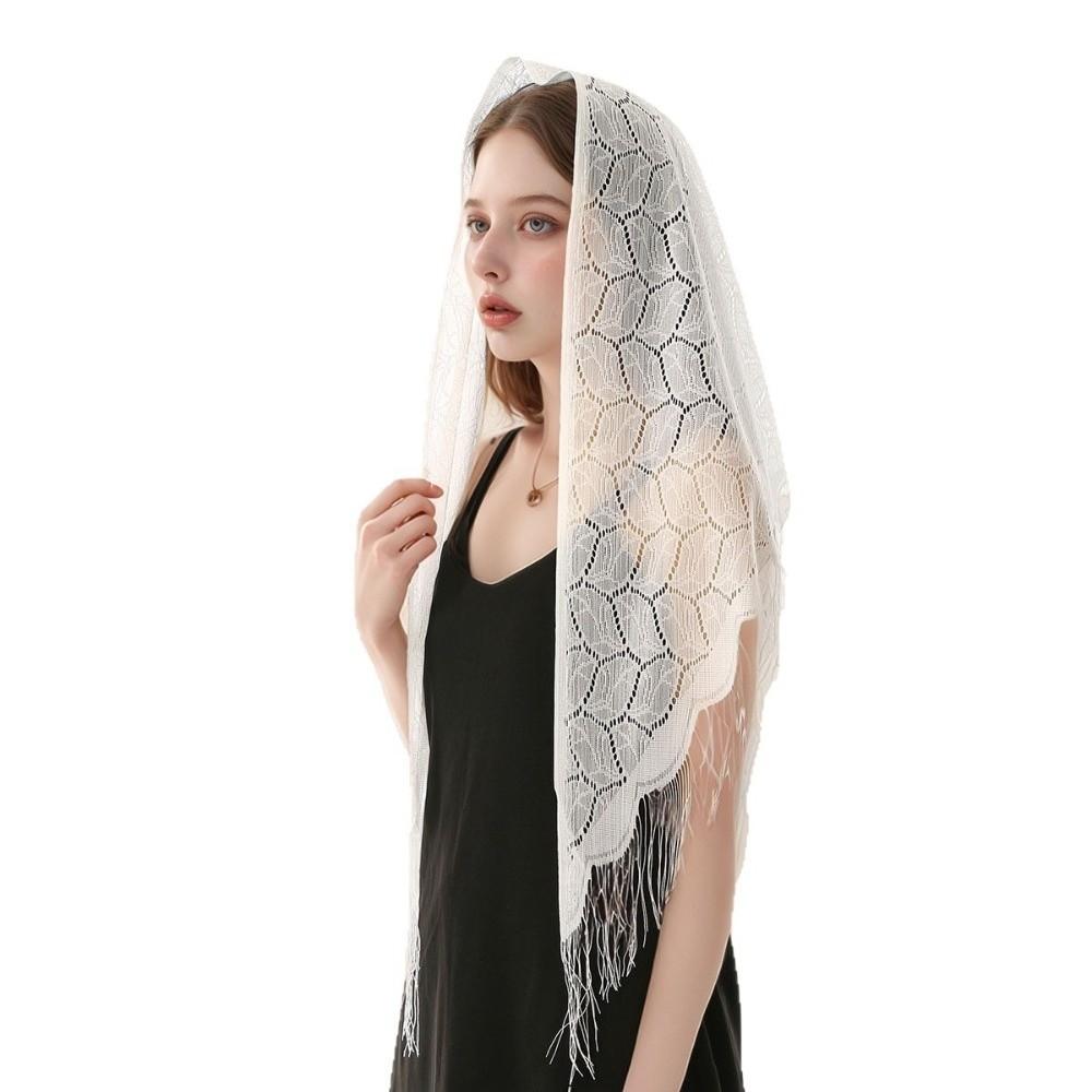 Polyester Lace Hollow Scarf Embroidery Mesh Scarves Elegant Tassel Triangle Shawl  Summer