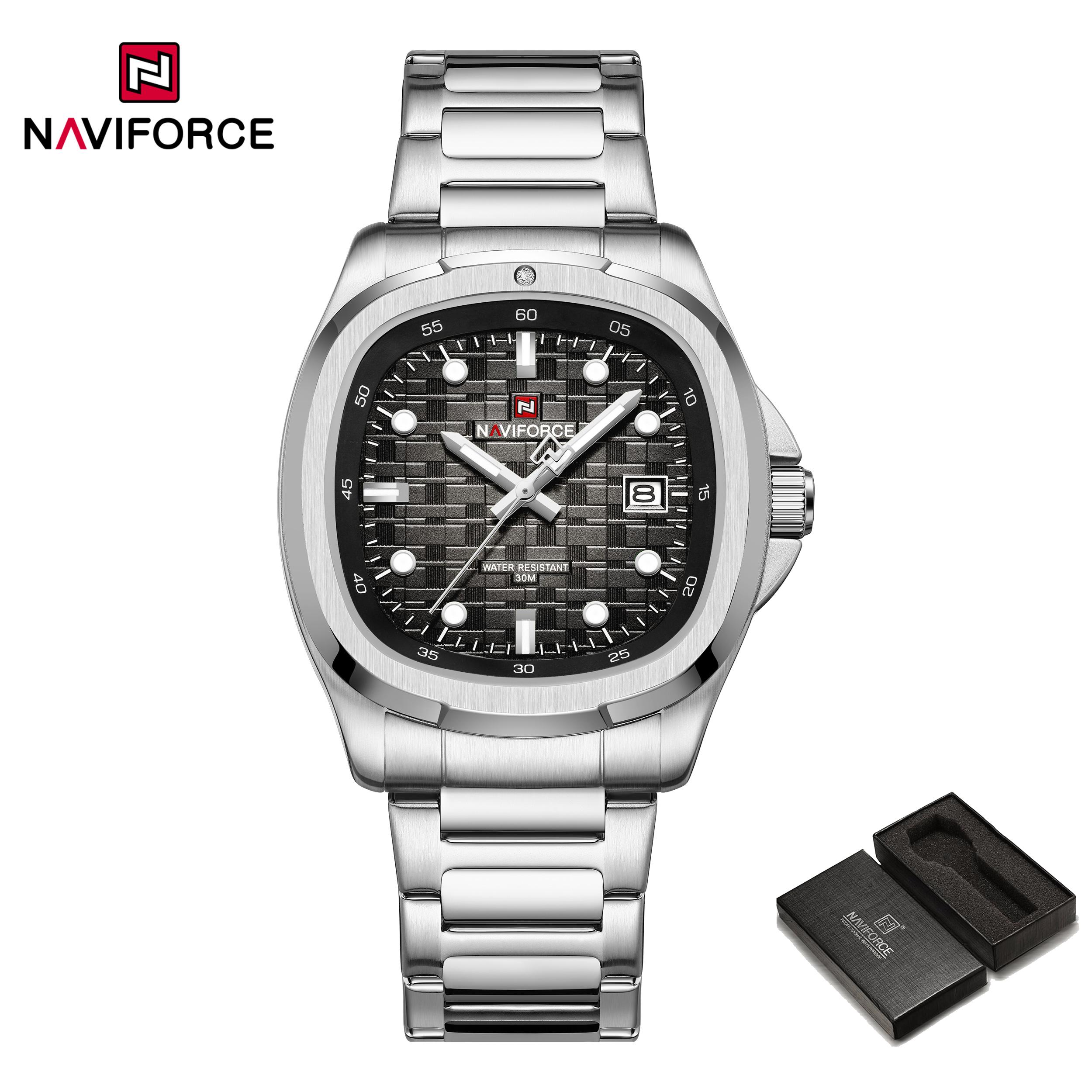 

Naviforce Мужские кварцевые часы с календарем, складная застежка, ремешок из нержавеющей стали, водонепроницаемость 30 м, люминесцентные стрелки, мужские темпераментные деловые часы NF9240 чёрный/серебряный